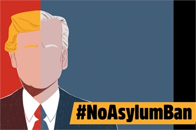 [ai] An illustration featuring a half-profile of a man with a hairstyle resembling Donald Trump on the left, contrasted against a blue background. Below, the hashtag #NoAsylumBan is displayed in bold letters on a yellow background.
